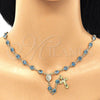 Oro Laminado Medium Rosary, Gold Filled Style Guadalupe and Evil Eye Design, Azul claro Resin Finish, Golden Finish, 09.63.0107.4.18