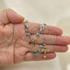 Oro Laminado Medium Rosary, Gold Filled Style Guadalupe and Evil Eye Design, Azul claro Resin Finish, Golden Finish, 09.63.0107.4.18