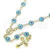 Oro Laminado Medium Rosary, Gold Filled Style Guadalupe and Evil Eye Design, Azul claro Resin Finish, Golden Finish, 09.63.0107.4.18