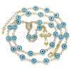 Oro Laminado Medium Rosary, Gold Filled Style Guadalupe and Evil Eye Design, Azul claro Resin Finish, Golden Finish, 09.63.0107.4.18