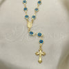 Oro Laminado Medium Rosary, Gold Filled Style Guadalupe and Evil Eye Design, Azul claro Resin Finish, Golden Finish, 09.63.0107.4.18