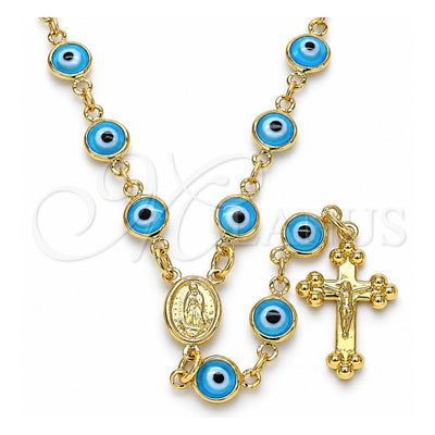 Oro Laminado Medium Rosary, Gold Filled Style Guadalupe and Evil Eye Design, Azul claro Resin Finish, Golden Finish, 09.63.0107.4.18