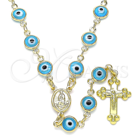 Oro Laminado Medium Rosary, Gold Filled Style Guadalupe and Evil Eye Design, Azul claro Resin Finish, Golden Finish, 09.63.0107.4.18