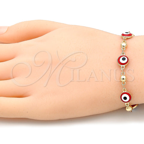 Oro Laminado Necklace and Bracelet, Gold Filled Style Evil Eye Design, Red Enamel Finish, Golden Finish, 06.213.0008