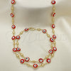 Oro Laminado Necklace and Bracelet, Gold Filled Style Evil Eye Design, Red Enamel Finish, Golden Finish, 06.213.0008