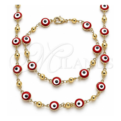 Oro Laminado Necklace and Bracelet, Gold Filled Style Evil Eye Design, Red Enamel Finish, Golden Finish, 06.213.0008