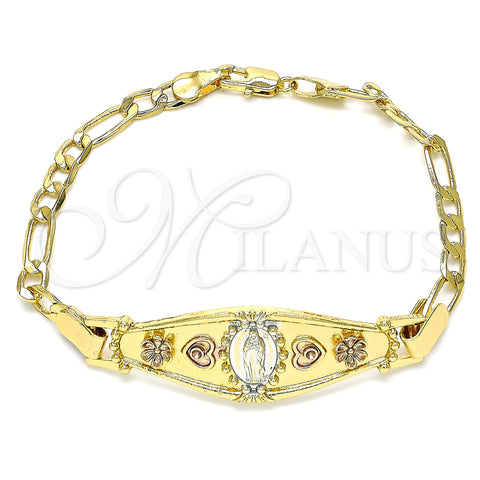 Oro Laminado Fancy Bracelet, Gold Filled Style Guadalupe and Heart Design, Polished, Tricolor, 03.351.0097.07 (04 MM Thickness, 7 Inches Length)