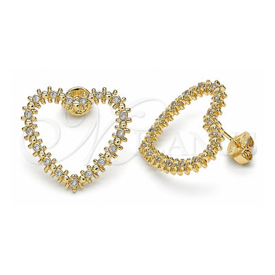 Oro Laminado Stud Earring, Gold Filled Style Heart Design, with White Micro Pave, Polished, Golden Finish, 02.156.0439