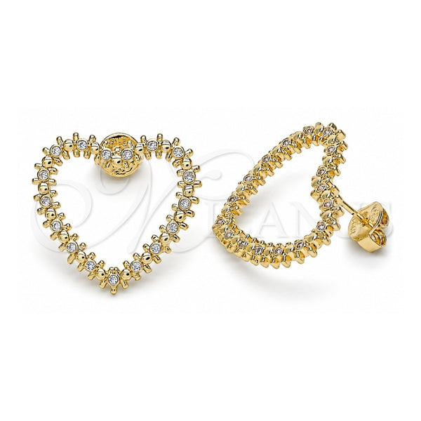 Oro Laminado Stud Earring, Gold Filled Style Heart Design, with White Micro Pave, Polished, Golden Finish, 02.156.0439