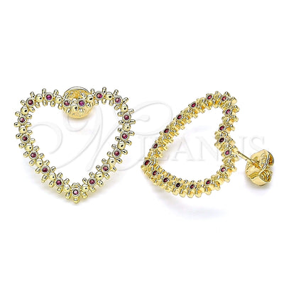 Oro Laminado Stud Earring, Gold Filled Style Heart Design, with Ruby Micro Pave, Polished, Golden Finish for wholesale, main product view