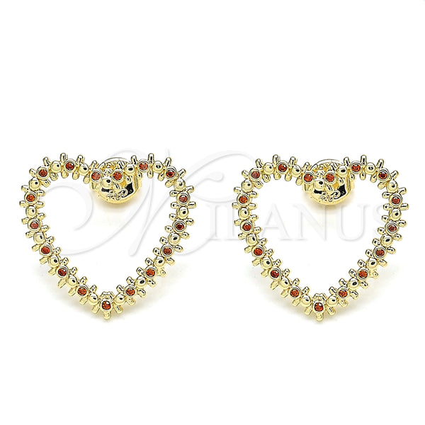 Oro Laminado Stud Earring, Gold Filled Style Heart Design, with Garnet Micro Pave, Polished, Golden Finish, 02.156.0439.2