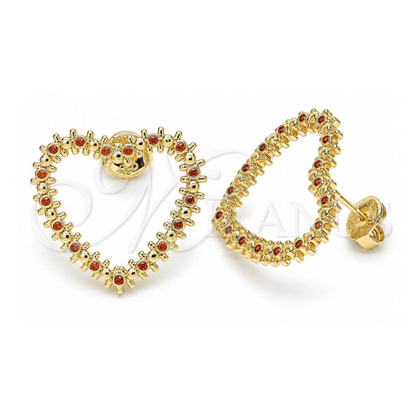 Oro Laminado Stud Earring, Gold Filled Style Heart Design, with Garnet Micro Pave, Polished, Golden Finish, 02.156.0439.2