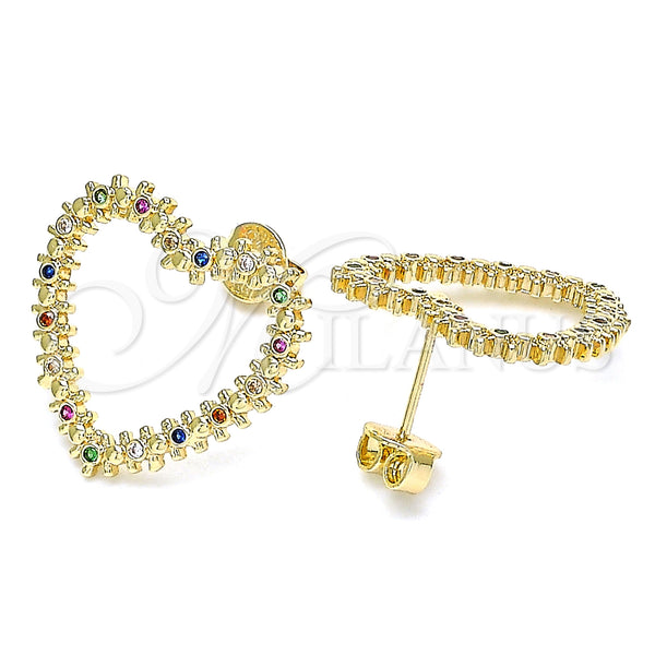 Oro Laminado Stud Earring, Gold Filled Style Heart Design, with Multicolor Micro Pave, Polished, Golden Finish, 02.156.0439.3