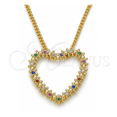 Oro Laminado Pendant Necklace, Gold Filled Style Heart Design, with Multicolor Micro Pave, Polished, Golden Finish, 04.156.0301.3.20 (02 MM Thickness, 20 Inches Length)