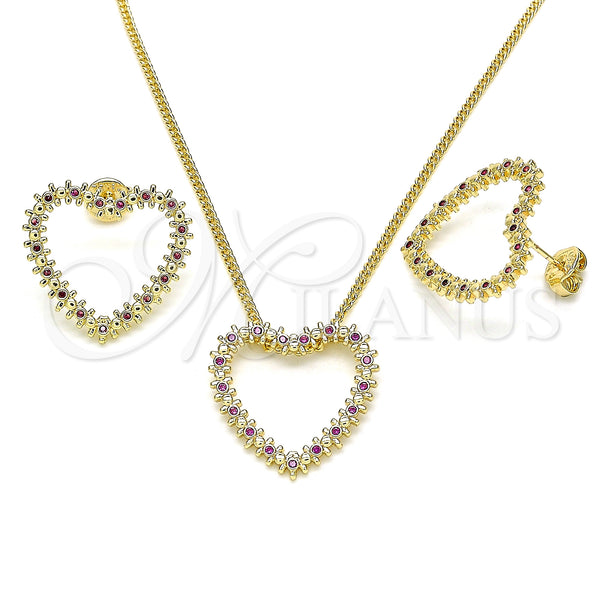 Oro Laminado Earring and Pendant Adult Set, Gold Filled Style Heart Design, with Ruby Micro Pave, Polished, Golden Finish, 10.156.0244.1