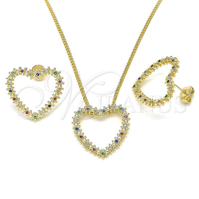 Oro Laminado Earring and Pendant Adult Set, Gold Filled Style Heart Design, with Multicolor Micro Pave, Polished, Golden Finish, 10.156.0244.3