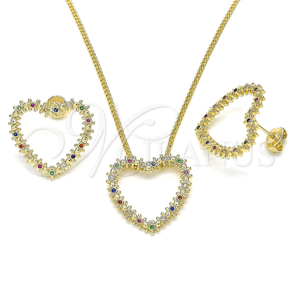 Oro Laminado Earring and Pendant Adult Set, Gold Filled Style Heart Design, with Multicolor Micro Pave, Polished, Golden Finish, 10.156.0244.3
