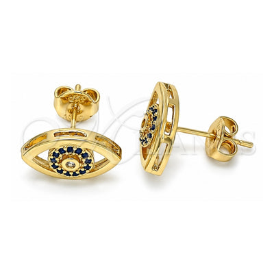 Oro Laminado Stud Earring, Gold Filled Style with Sapphire Blue and White Micro Pave, Polished, Golden Finish, 02.156.0440.1