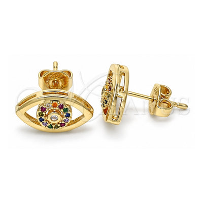 Oro Laminado Stud Earring, Gold Filled Style with Multicolor Micro Pave, Polished, Golden Finish, 02.156.0440.2