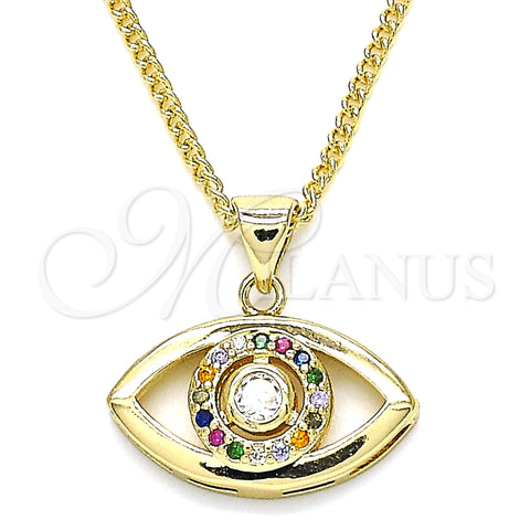 Oro Laminado Pendant Necklace, Gold Filled Style Evil Eye Design, with Multicolor Micro Pave, Polished, Golden Finish, 04.156.0302.2.20 (02 MM Thickness, 20 Inches Length)