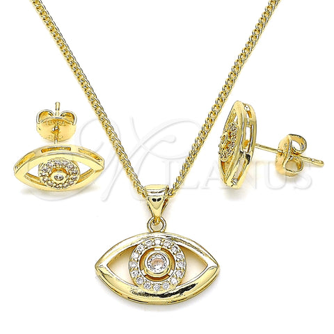 Oro Laminado Earring and Pendant Adult Set, Gold Filled Style Evil Eye Design, with White Micro Pave, Polished, Golden Finish, 10.156.0245