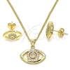 Oro Laminado Earring and Pendant Adult Set, Gold Filled Style Evil Eye Design, with White Micro Pave, Polished, Golden Finish, 10.156.0245