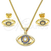 Oro Laminado Earring and Pendant Adult Set, Gold Filled Style with Sapphire Blue and White Micro Pave, Polished, Golden Finish, 10.156.0245.1