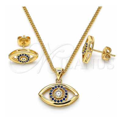 Oro Laminado Earring and Pendant Adult Set, Gold Filled Style with Sapphire Blue and White Micro Pave, Polished, Golden Finish, 10.156.0245.1