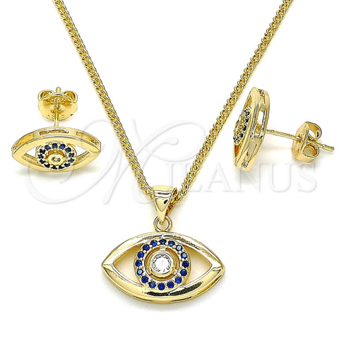 Oro Laminado Earring and Pendant Adult Set, Gold Filled Style with Sapphire Blue and White Micro Pave, Polished, Golden Finish, 10.156.0245.1