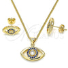 Oro Laminado Earring and Pendant Adult Set, Gold Filled Style with Sapphire Blue and White Micro Pave, Polished, Golden Finish, 10.156.0245.1