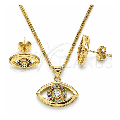 Oro Laminado Earring and Pendant Adult Set, Gold Filled Style Evil Eye Design, with Multicolor Micro Pave, Polished, Golden Finish, 10.156.0245.2
