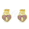 Oro Laminado Stud Earring, Gold Filled Style Lock and Heart Design, with Ruby Micro Pave, Polished, Golden Finish, 02.156.0441.1