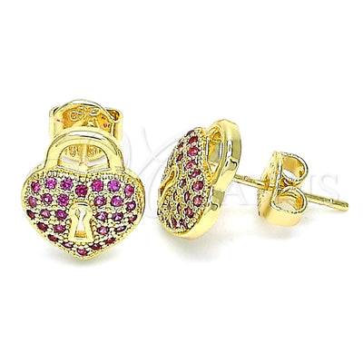 Oro Laminado Stud Earring, Gold Filled Style Lock and Heart Design, with Ruby Micro Pave, Polished, Golden for wholesale, main product view