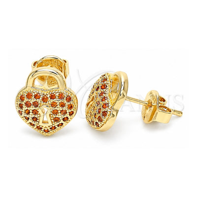 Oro Laminado Stud Earring, Gold Filled Style Lock and Heart Design, with Garnet Micro Pave, Polished, Golden Finish, 02.156.0441.2