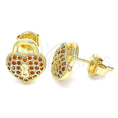 Oro Laminado Stud Earring, Gold Filled Style Lock and Heart Design, with Garnet Micro Pave, Polished, Golden for wholesale, main product view