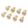 Oro Laminado Stud Earring, Gold Filled Style Lock and Heart Design, with Garnet Micro Pave, Polished, Golden Finish, 02.156.0441.2