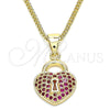 Oro Laminado Pendant Necklace, Gold Filled Style Lock and Heart Design, with Ruby Micro Pave, Polished, Golden Finish, 04.156.0303.1.20 (02 MM Thickness, 20 Inches Length)