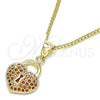 Oro Laminado Pendant Necklace, Gold Filled Style Lock and Heart Design, with Garnet Micro Pave, Polished, Golden Finish, 04.156.0303.2.20 (02 MM Thickness, 20 Inches Length)