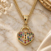 Oro Laminado Pendant Necklace, Gold Filled Style Lock and Heart Design, with Multicolor Micro Pave, Polished, Golden Finish, 04.156.0303.3.20 (02 MM Thickness, 20 Inches Length)