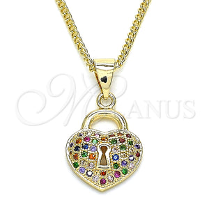 Gold Filled Necklace — Pendant Necklace Lock and Heart Design with Multicolor — main product view — SKU 134373 | Oro Laminado collar — Pendant Necklace Lock and corazón diseño with Multicolor — SKU 134373