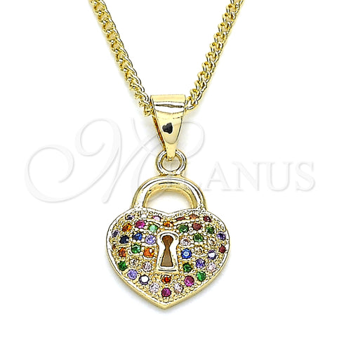 Oro Laminado Pendant Necklace, Gold Filled Style Lock and Heart Design, with Multicolor Micro Pave, Polished, Golden Finish, 04.156.0303.3.20 (02 MM Thickness, 20 Inches Length)