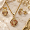 Oro Laminado Earring and Pendant Adult Set, Gold Filled Style Lock and Heart Design, with Garnet Micro Pave, Polished, Golden Finish, 10.156.0246.2