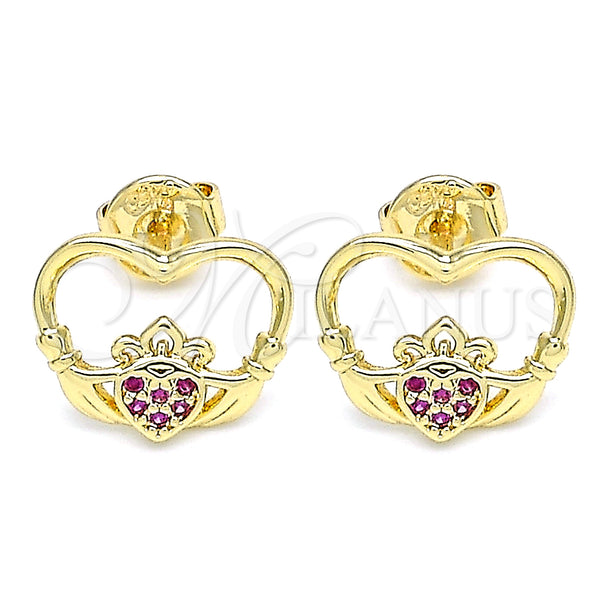 Oro Laminado Stud Earring, Gold Filled Style Heart Design, with Ruby Micro Pave, Polished, Golden Finish, 02.156.0442.1