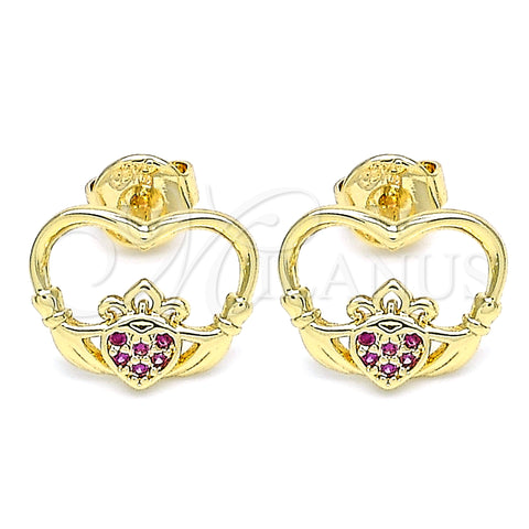 Oro Laminado Stud Earring, Gold Filled Style Heart Design, with Ruby Micro Pave, Polished, Golden Finish, 02.156.0442.1