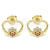 Oro Laminado Stud Earring, Gold Filled Style Heart Design, with Garnet Micro Pave, Polished, Golden Finish, 02.156.0442.2