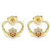 Oro Laminado Stud Earring, Gold Filled Style Heart Design, with Garnet Micro Pave, Polished, Golden Finish, 02.156.0442.2