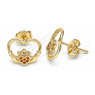 Oro Laminado Stud Earring, Gold Filled Style Heart Design, with Garnet Micro Pave, Polished, Golden Finish, 02.156.0442.2