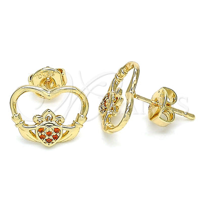 Oro Laminado Stud Earring, Gold Filled Style Heart Design, with Garnet Micro Pave, Polished, Golden Finish for wholesale, main product view