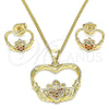 Oro Laminado Earring and Pendant Adult Set, Gold Filled Style Heart Design, with Garnet Micro Pave, Polished, Golden Finish, 10.156.0247.2