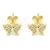 Oro Laminado Stud Earring, Gold Filled Style Butterfly Design, with White Micro Pave, Polished, Golden Finish, 02.156.0443